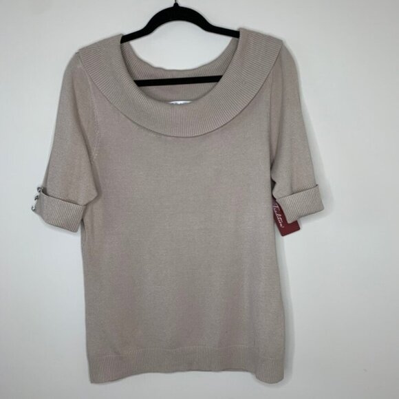 Tradition Women's Cowl Neck Sweater Top 3/4 Length Sleeve Stretch Taupe y2k - Picture 12 of 16